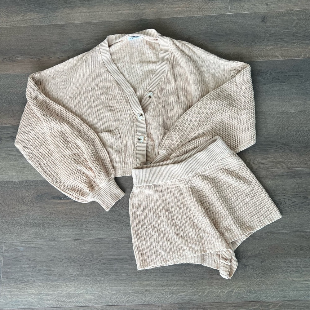 Princess Polly Cream Ribbed Knit Cardigan and Shorts Set